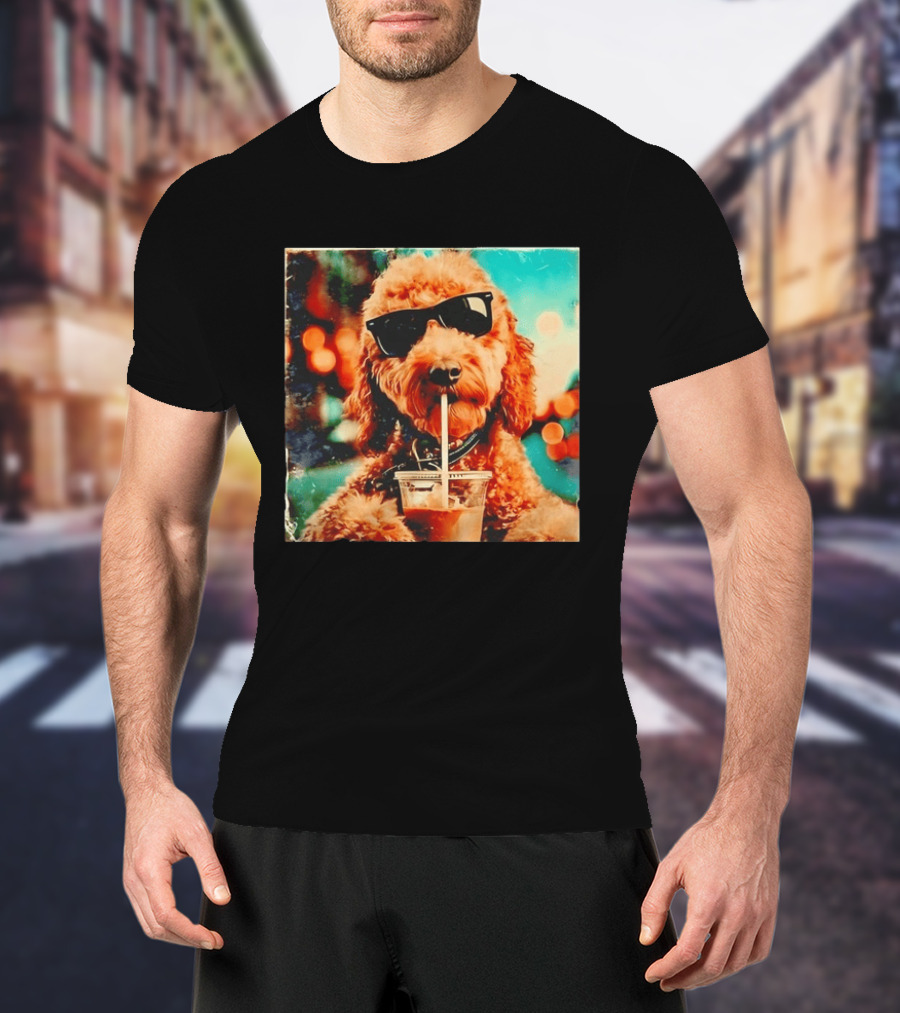 Goldendoodle With Sunglasses Enjoying Iced Coffee Retro Cool Vibes T-Shirt