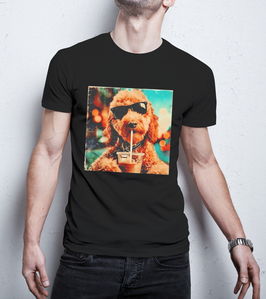 Goldendoodle With Sunglasses Enjoying Iced Coffee Retro Cool Vibes T-Shirt