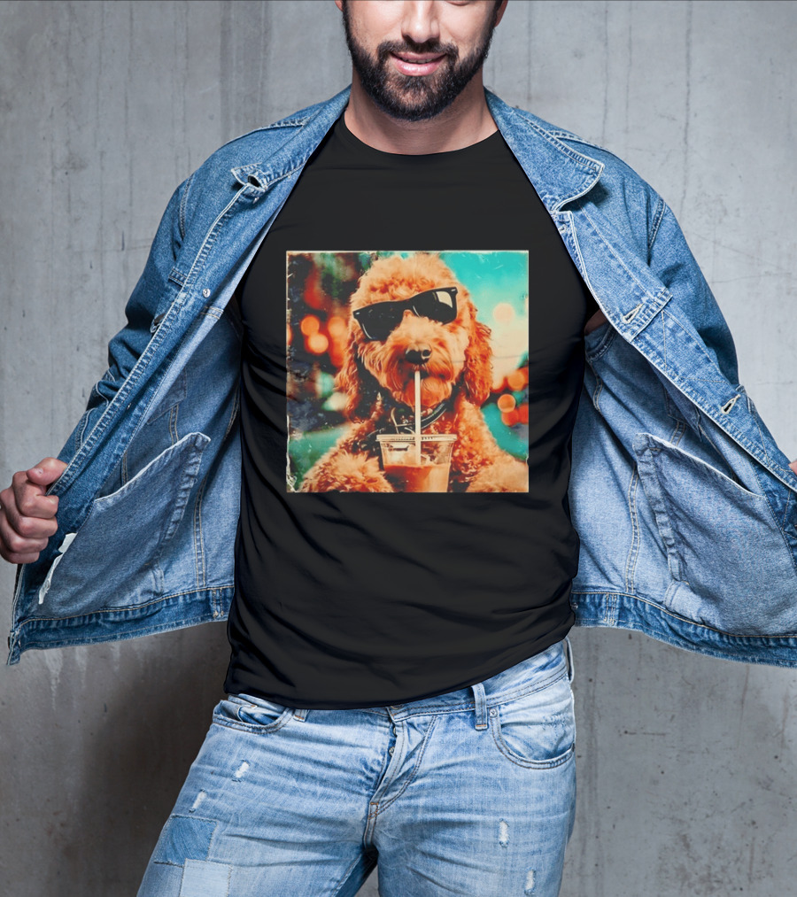 Goldendoodle With Sunglasses Enjoying Iced Coffee Retro Cool Vibes T-Shirt