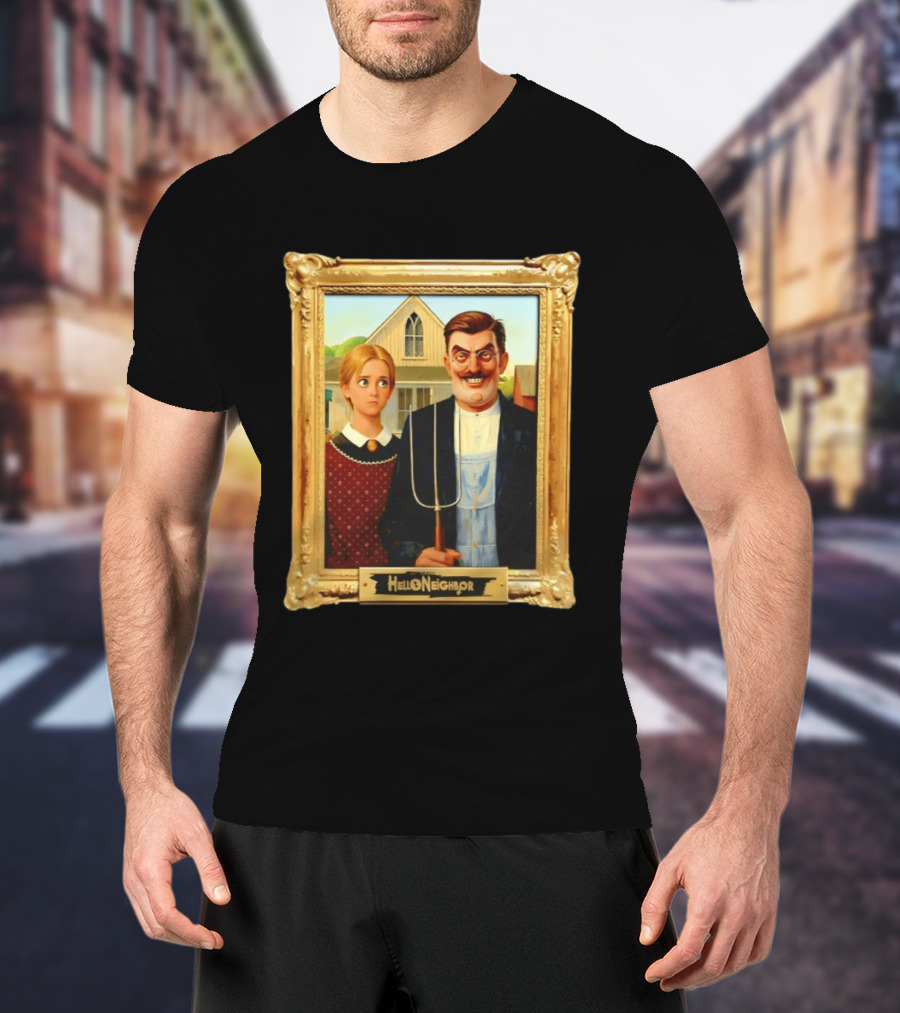 Hello Neighbor American Gothic Man Pitchfork Girl Painting Frame T-Shirt