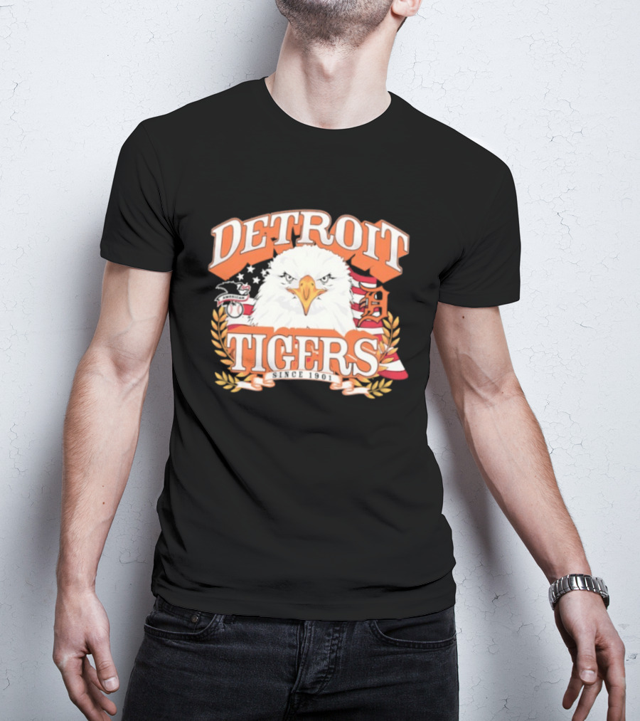 Detroit Tigers Eagle Emblem With American Flag And Stars T-Shirt
