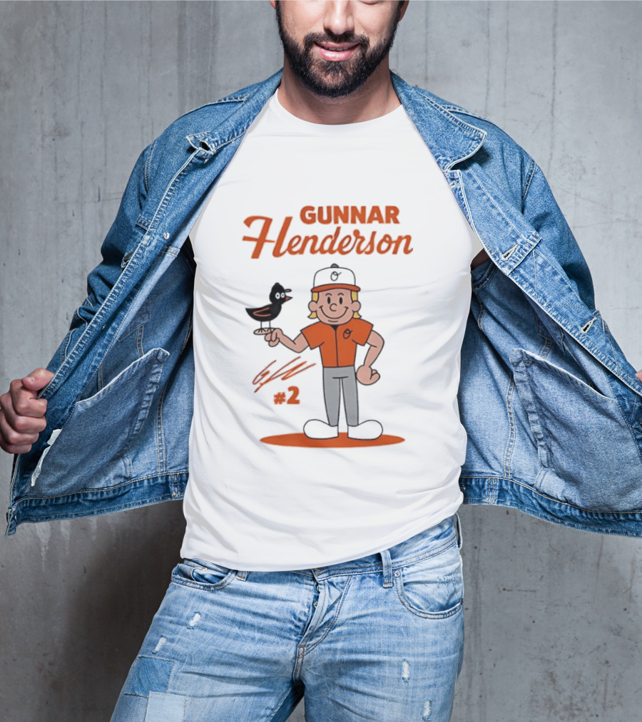 Gunnar Henderson Baltimore Orioles MLB Player Cartoon Character With Bird And Number 2 T-Shirt