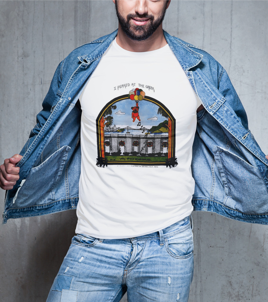 I Peaked At The Greek Grateful Dead 1985 Bear Balloons Musical Notes T-Shirt