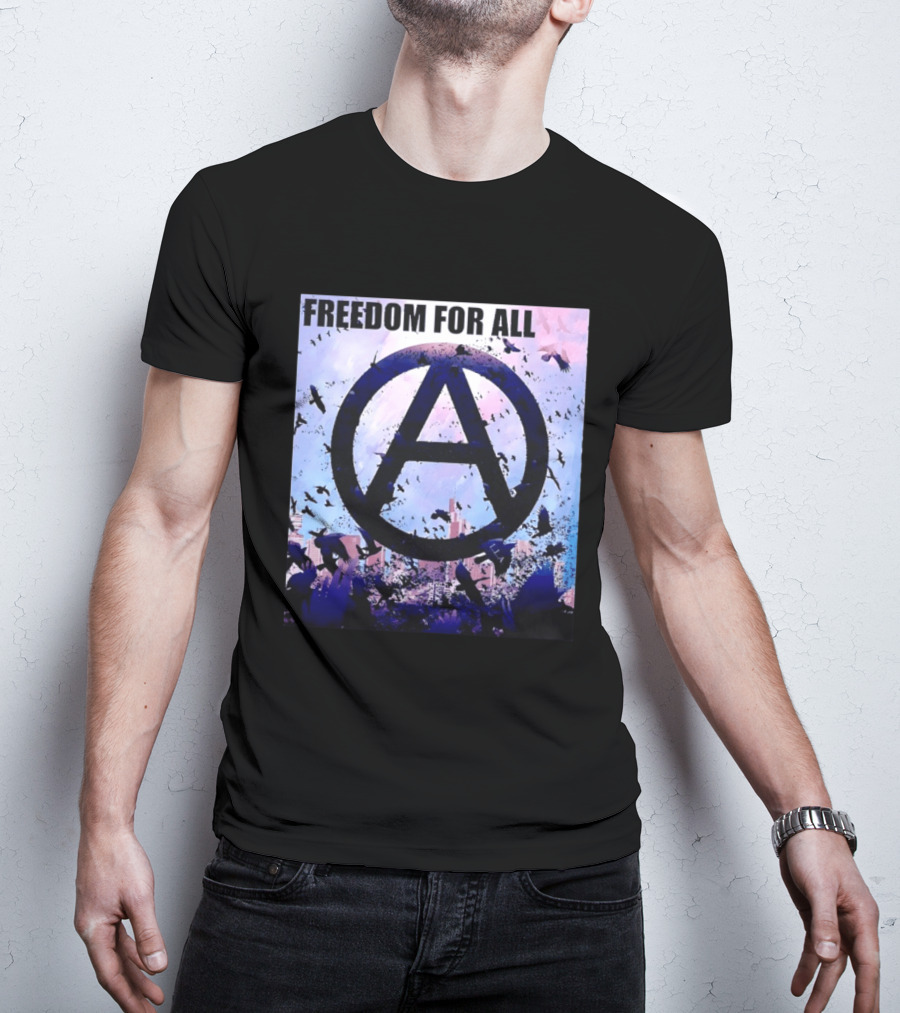FdA IFA Freedom For All Anarchy Symbol With Birds And City Skyline T-Shirt