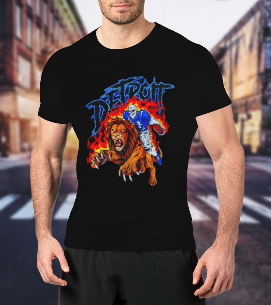 Detroit Skeleton Football Player Lion Fire Fusion T-Shirt