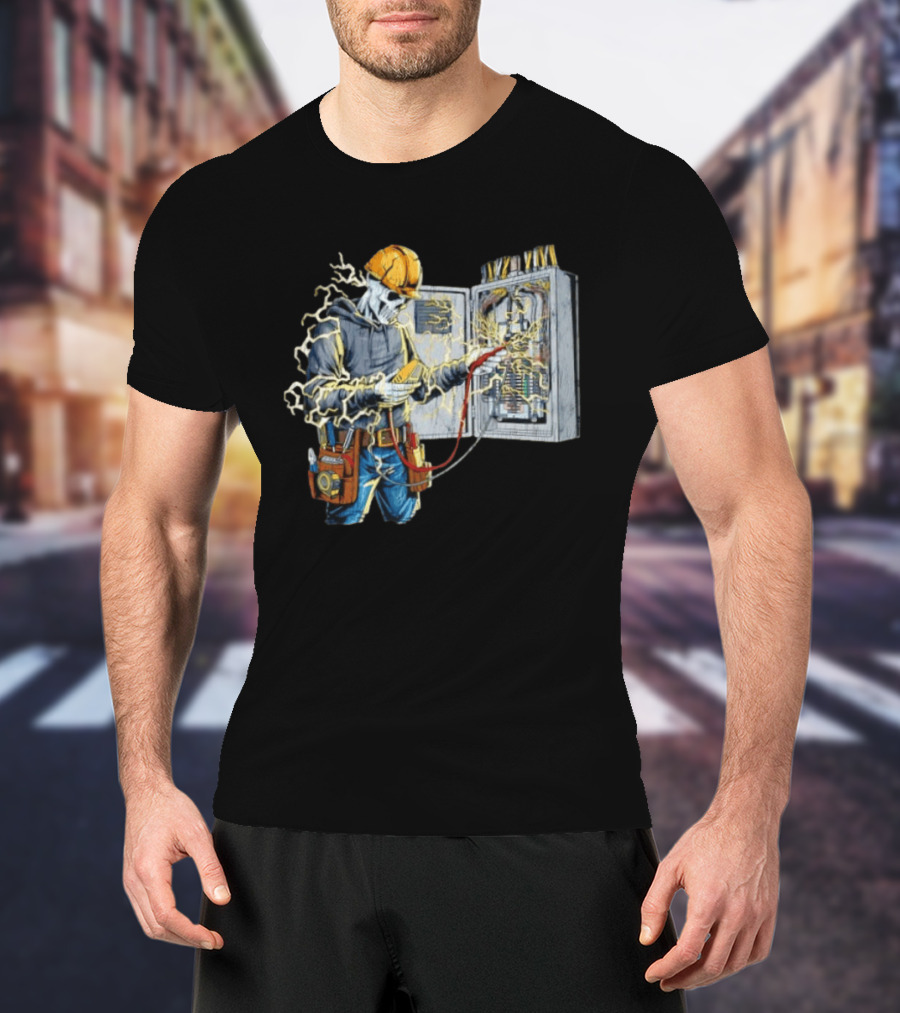 Skeleton Electrician Hard Hat Voltage Sparks T-Shirt