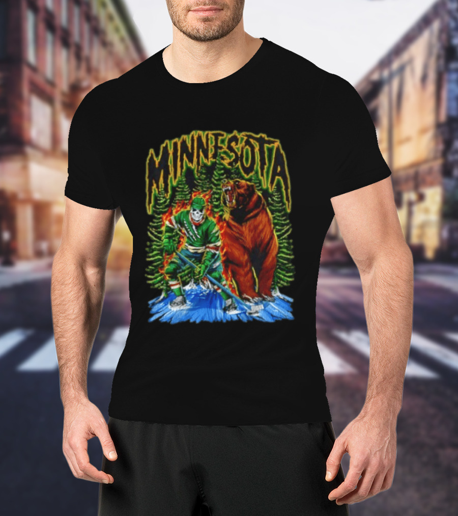 Minnesota Wild Hockey Skeleton Bear Forest Fire T-Shirt