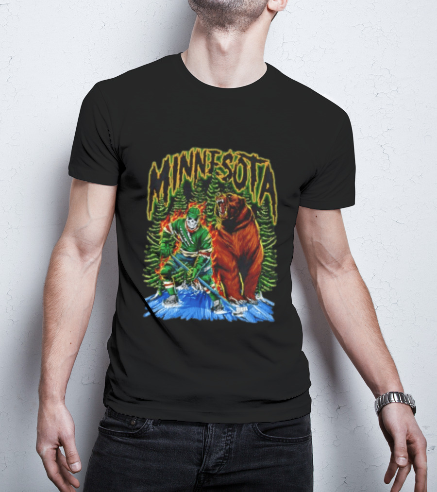 Minnesota Wild Hockey Skeleton Bear Forest Fire T-Shirt