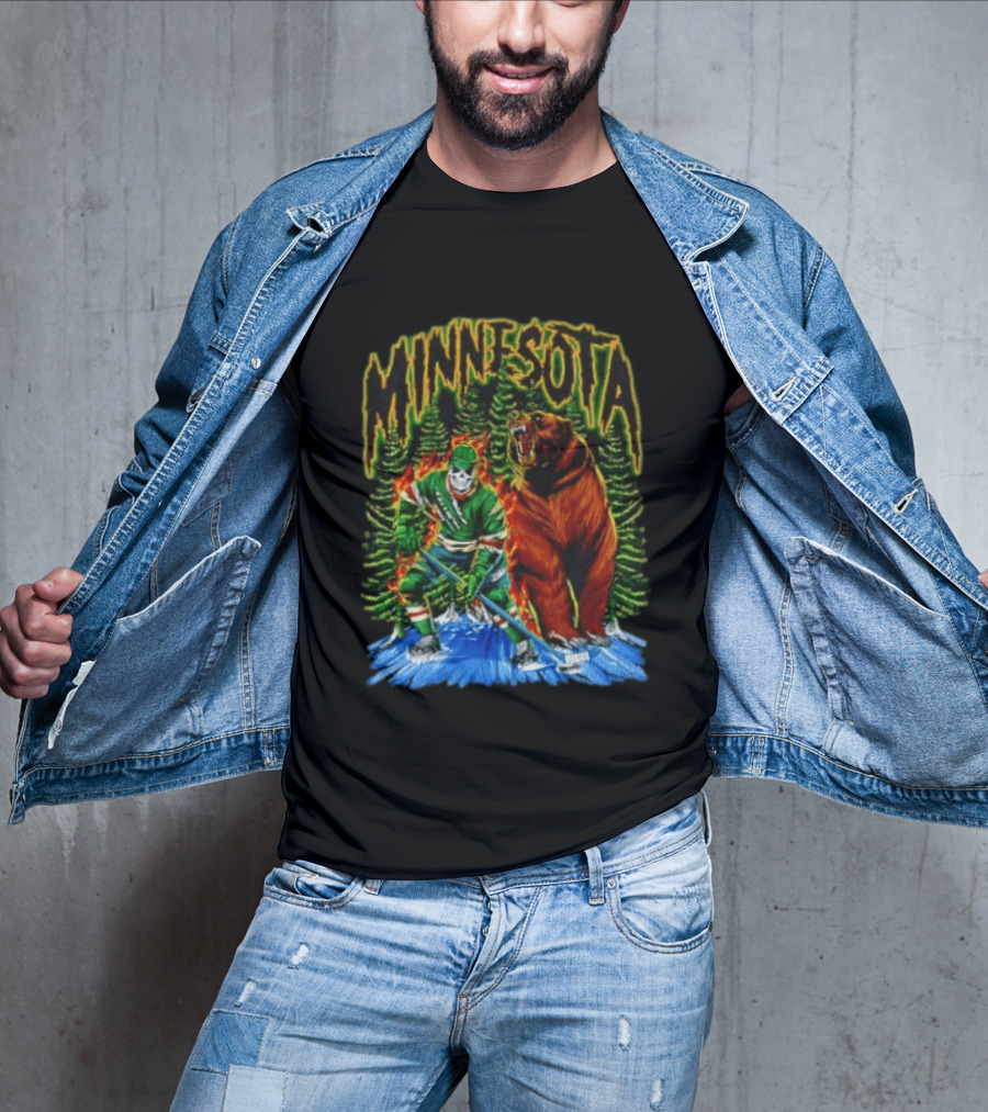 Minnesota Wild Hockey Skeleton Bear Forest Fire T-Shirt