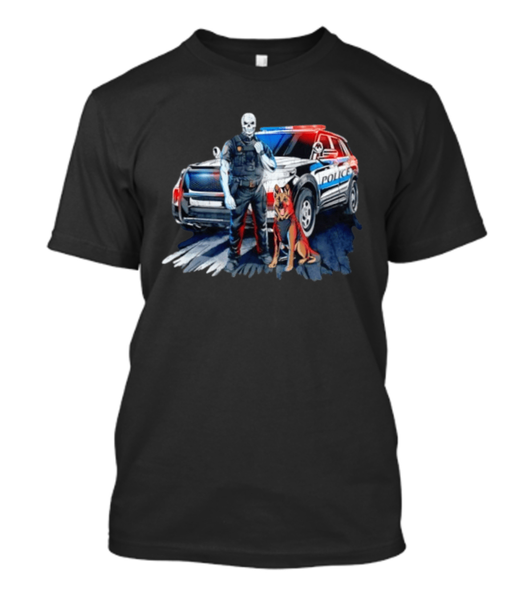 Skeleton Police Officer And Working Dog With Patrol Car T-Shirt
