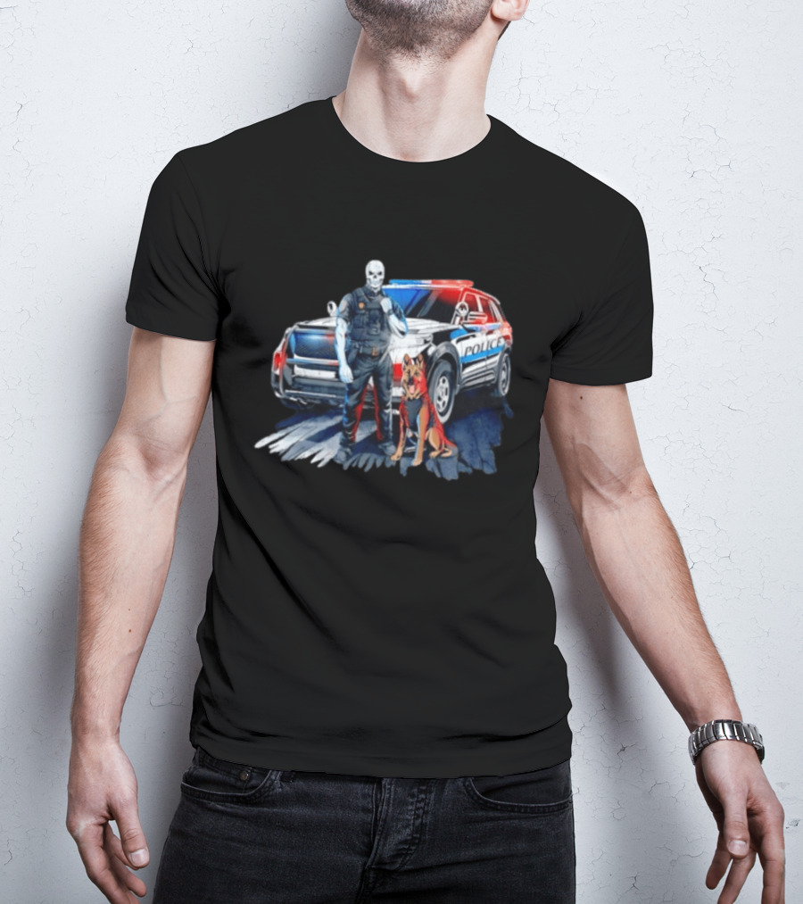 Skeleton Police Officer And Working Dog With Patrol Car T-Shirt