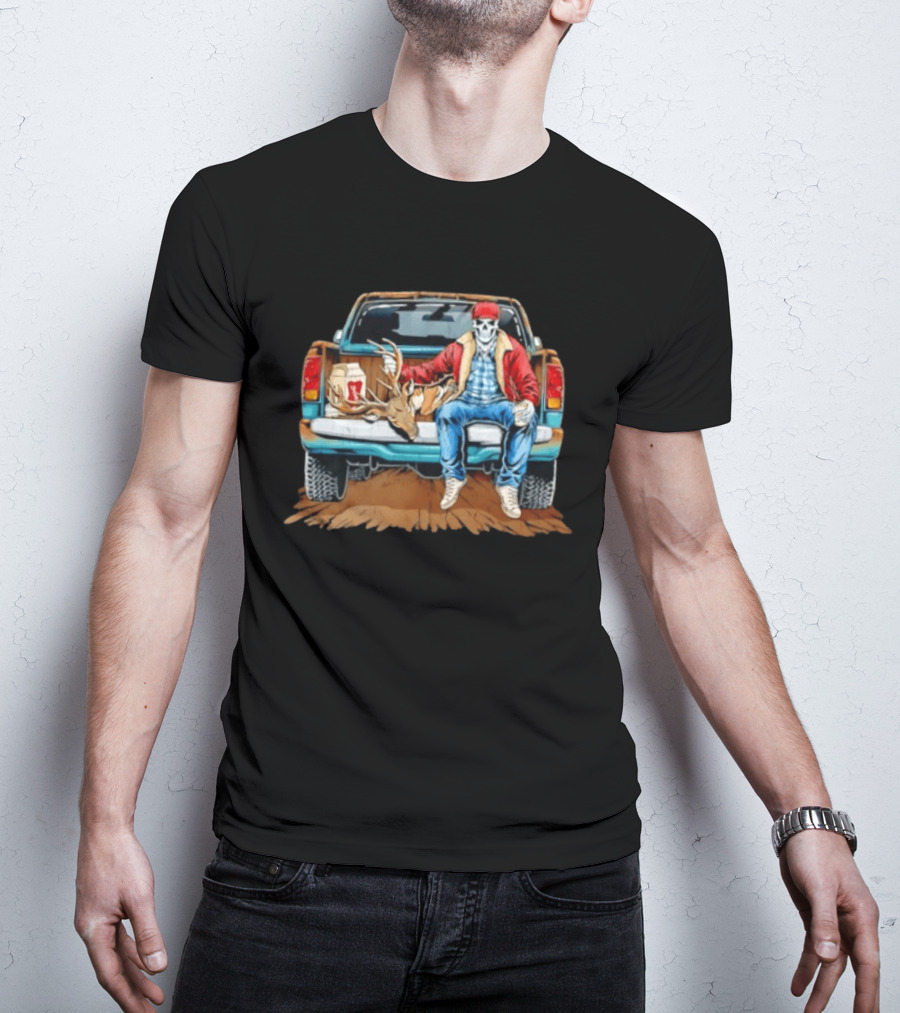 Skeleton Cowboy With Deer Antlers Truck Scene T-Shirt