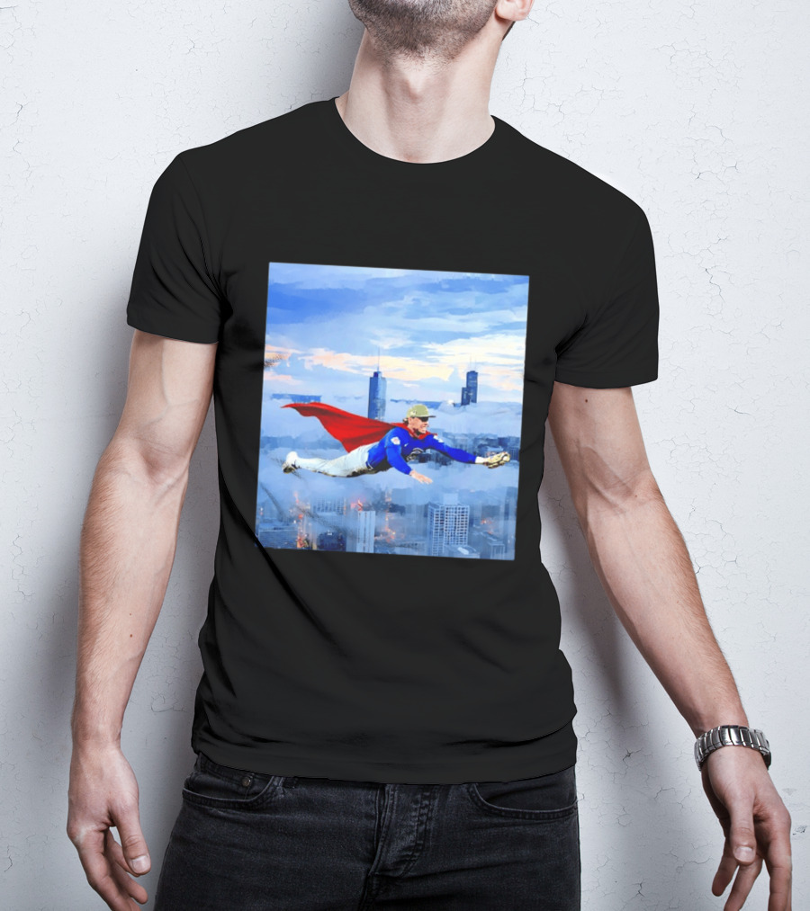 Superman Nico Hoerner Chicago Cubs Second Baseman Flying Over City Skyline T-Shirt