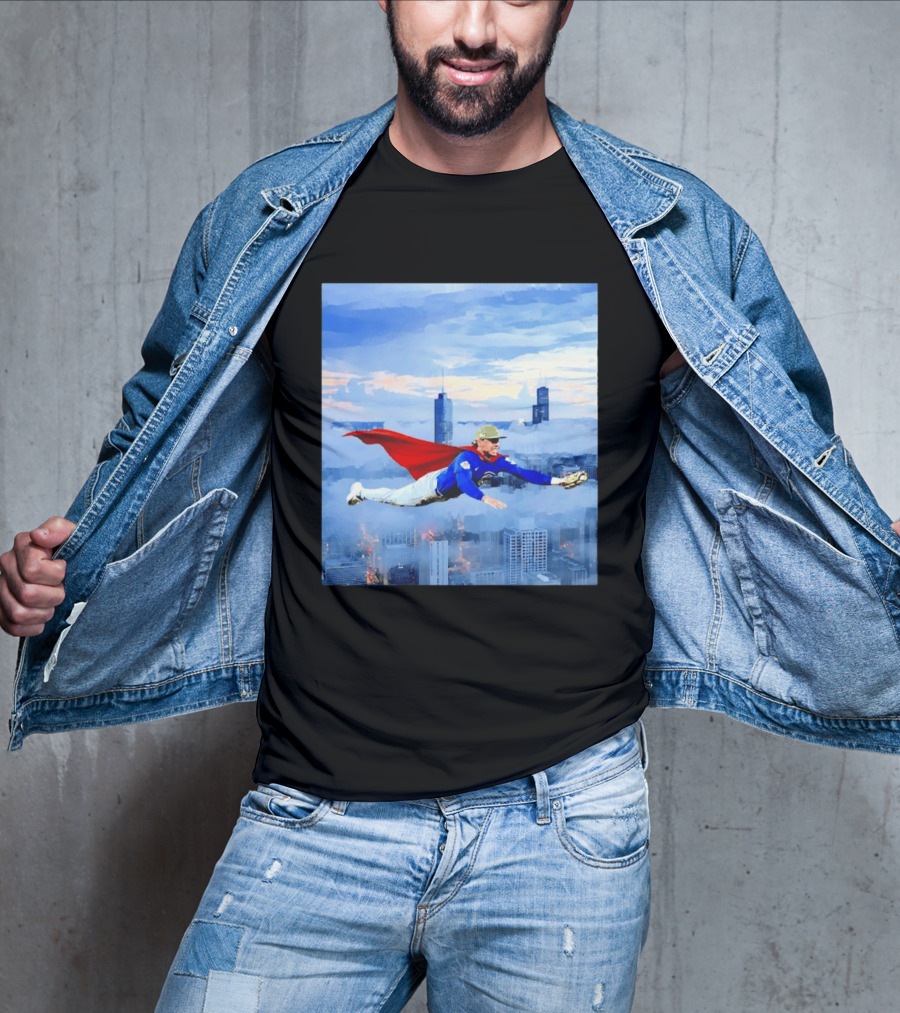 Superman Nico Hoerner Chicago Cubs Second Baseman Flying Over City Skyline T-Shirt