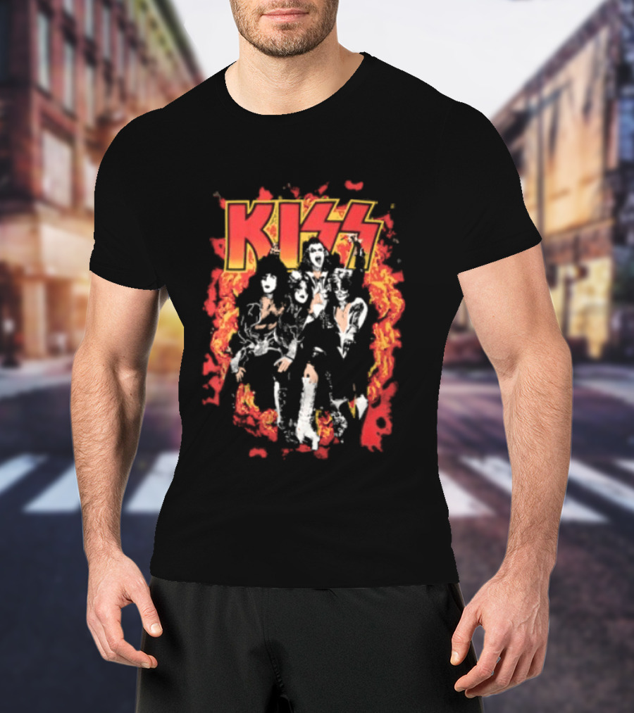 Kiss Flames And Flames All Over With Iconic Band T-Shirt