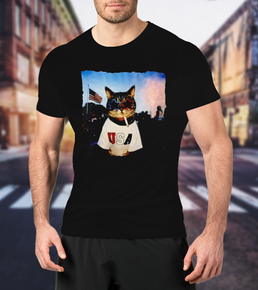 USA Cat With American Flag Sunglasses Smoking Fireworks T-Shirt