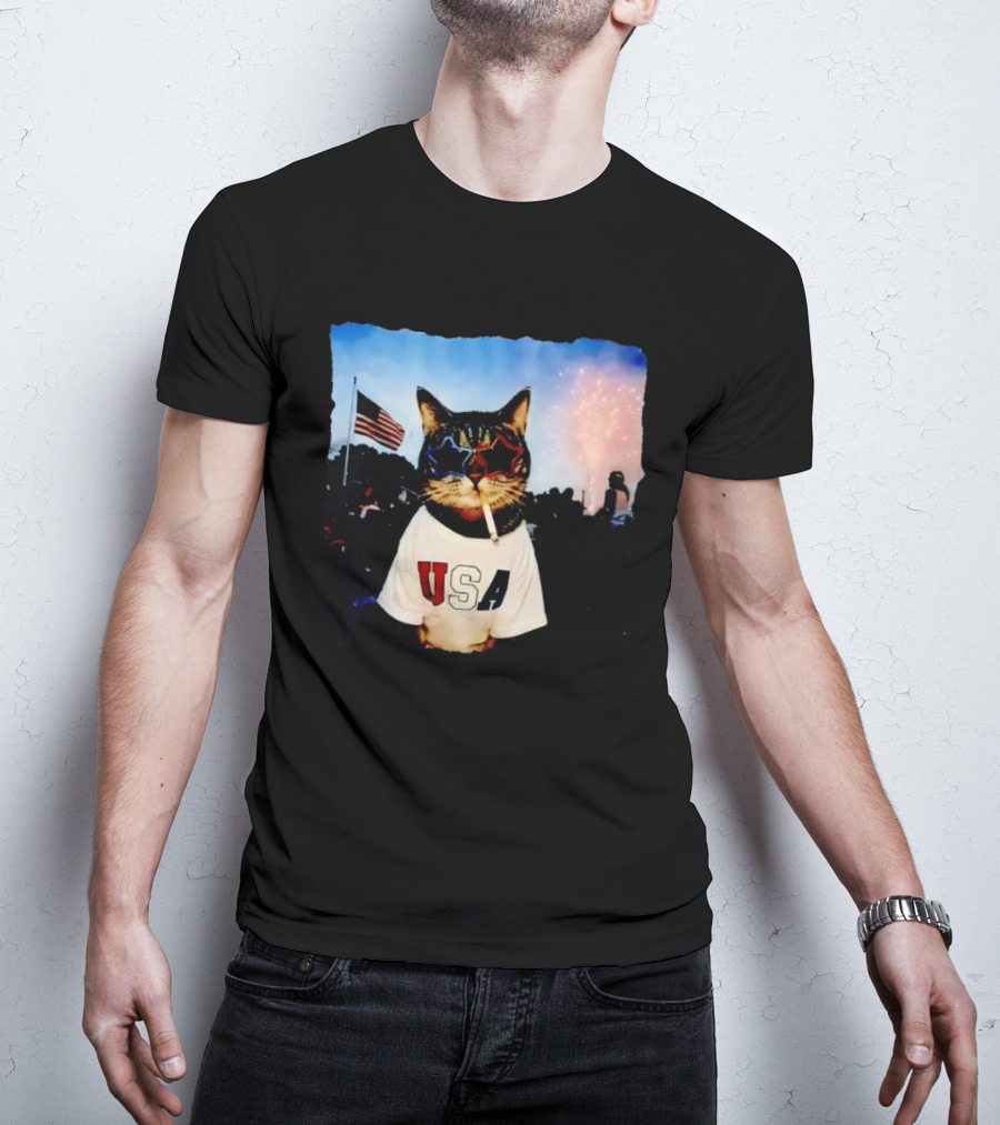 USA Cat With American Flag Sunglasses Smoking Fireworks T-Shirt