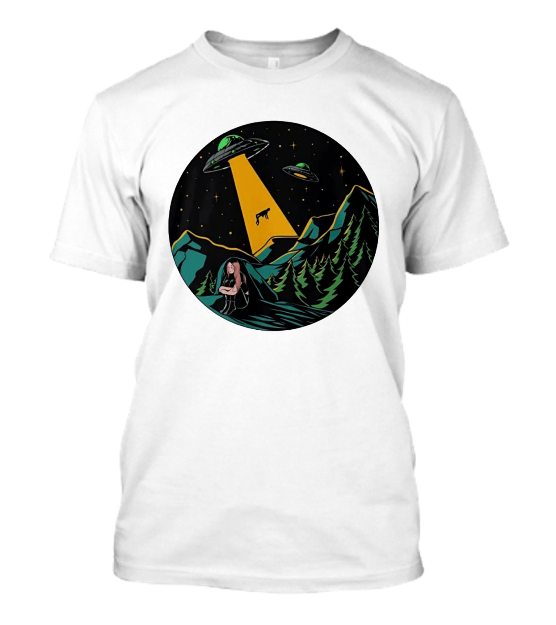 UFOs Aliens Abduction Night Sky Mountains Forest Trees Stars Beam T-Shirt