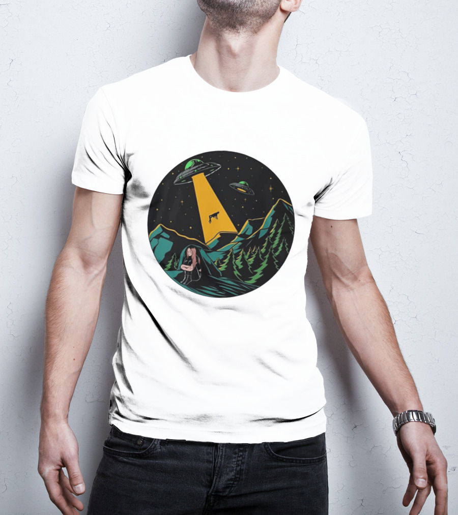 UFOs Aliens Abduction Night Sky Mountains Forest Trees Stars Beam T-Shirt