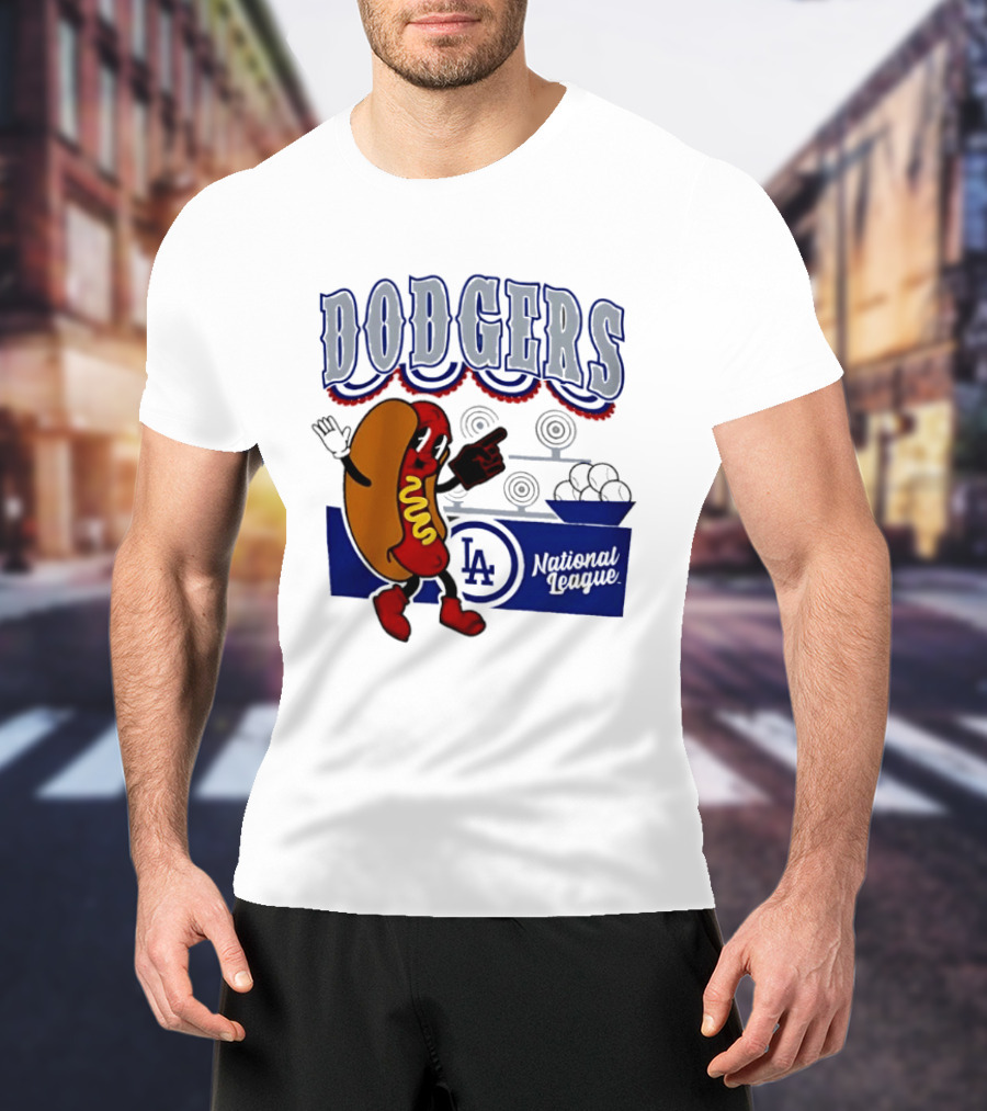 Cartoon Hot Dog Dodgers LA National League Baseball T-Shirt