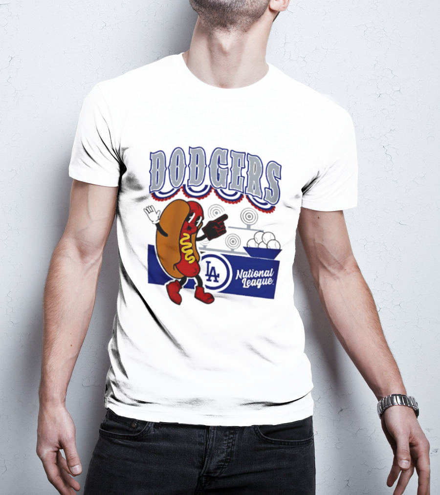 Cartoon Hot Dog Dodgers LA National League Baseball T-Shirt