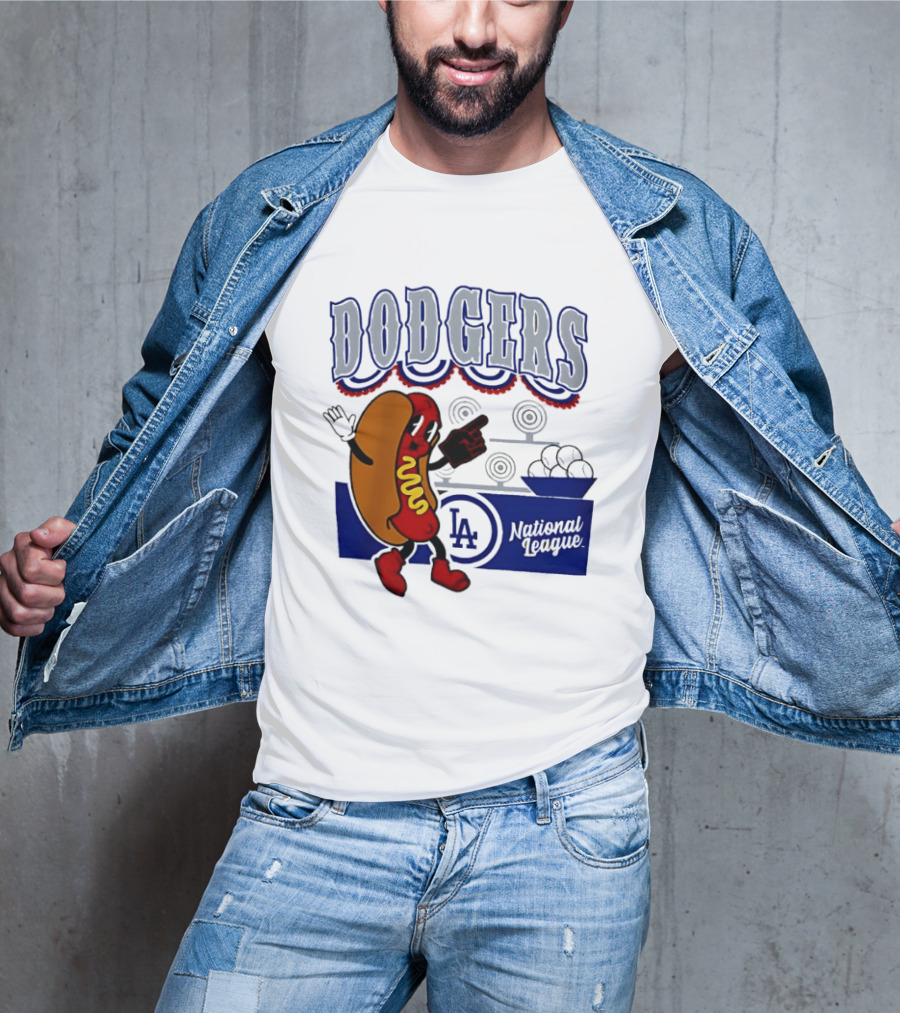 Cartoon Hot Dog Dodgers LA National League Baseball T-Shirt