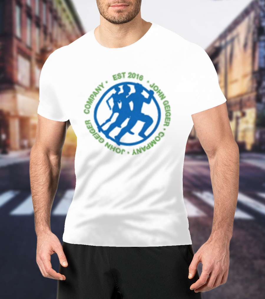 John Geiger Company Est 2016 Blue Running Figures T-Shirt