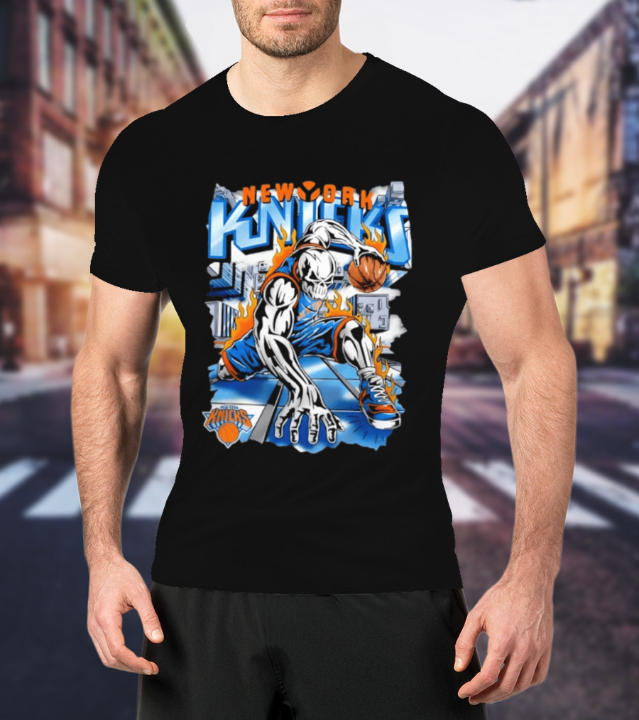 New York Knicks Basketball Urban Street Art Comic Style Flame Warrior T-Shirt