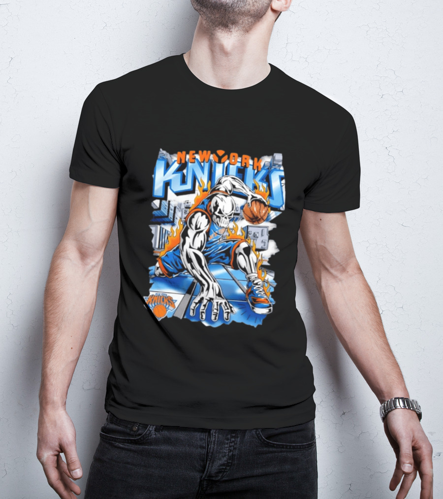 New York Knicks Basketball Urban Street Art Comic Style Flame Warrior T-Shirt