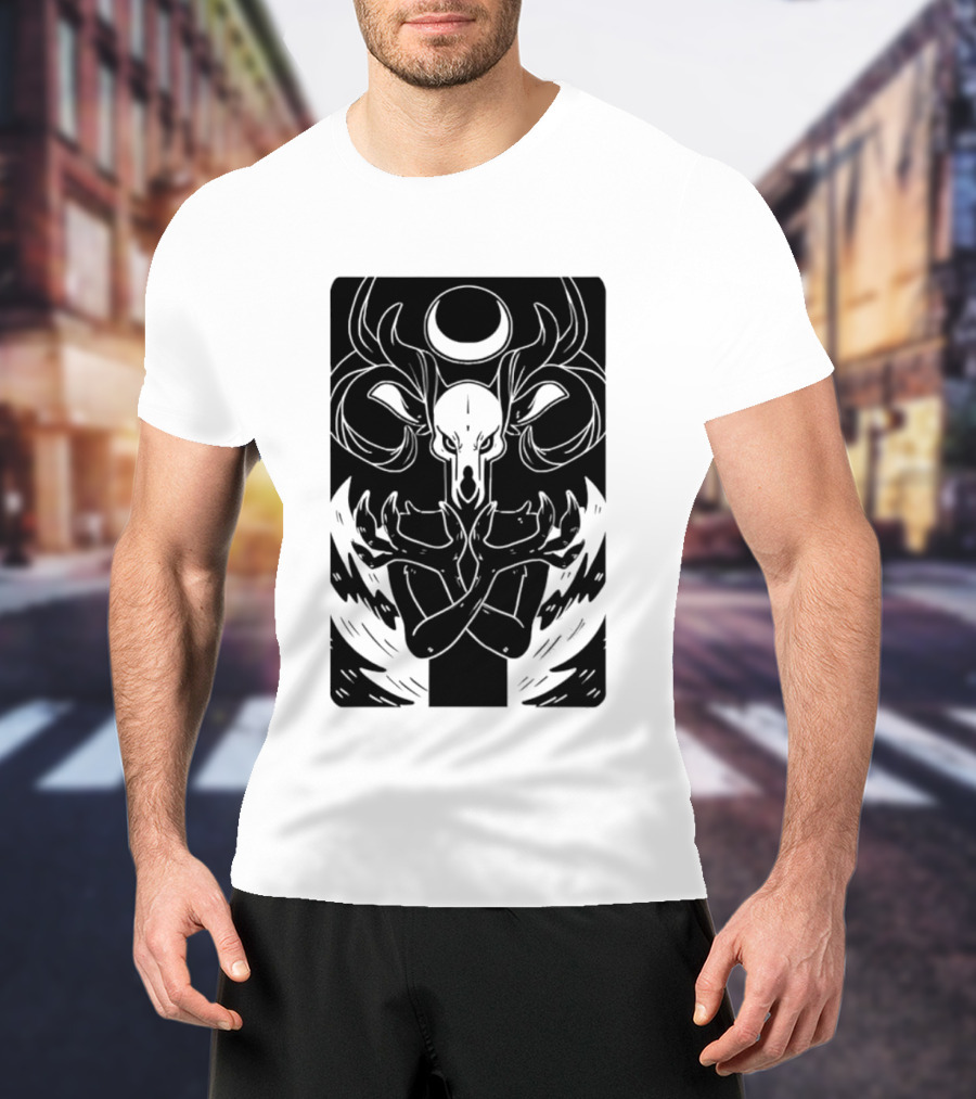 Deer Skull Antlers Crescent Moon Spirit Hands Rays Ritual Mystical Symbolism T-Shirt
