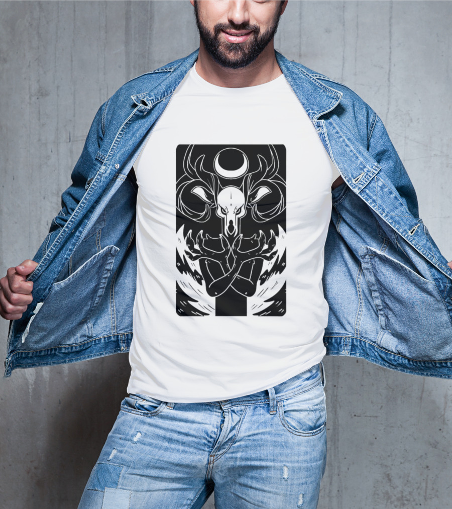 Deer Skull Antlers Crescent Moon Spirit Hands Rays Ritual Mystical Symbolism T-Shirt