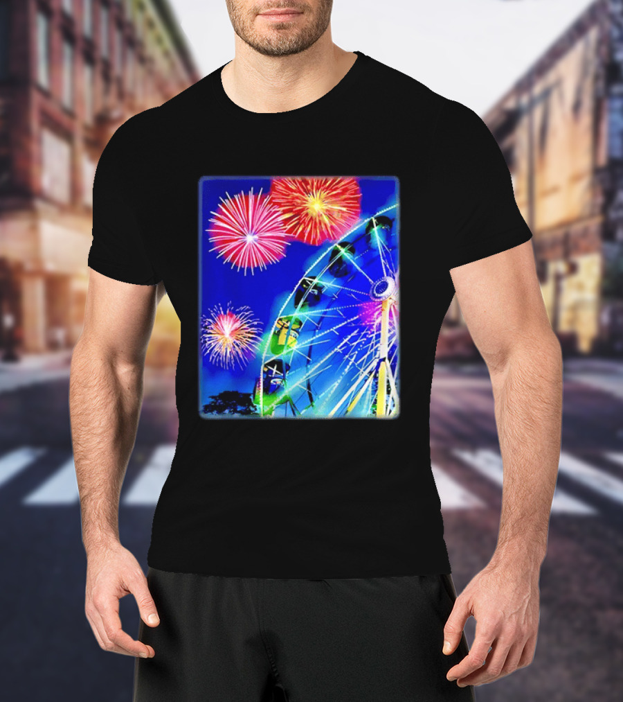 Ferris Wheel Fireworks Night Display Blue Sky T-Shirt