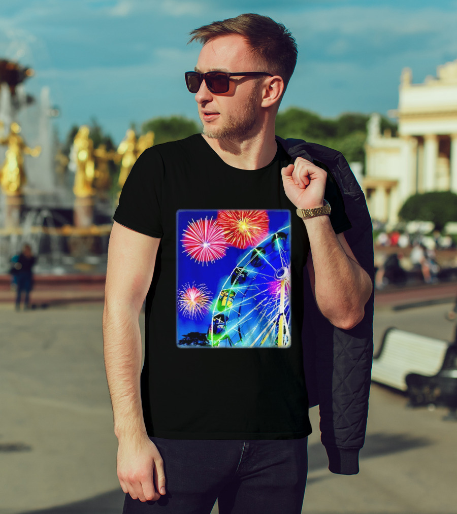 Ferris Wheel Fireworks Night Display Blue Sky T-Shirt