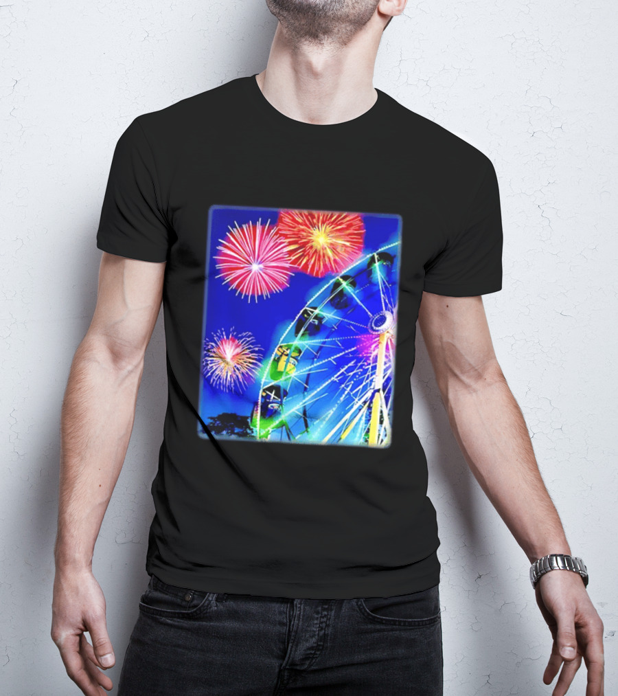 Ferris Wheel Fireworks Night Display Blue Sky T-Shirt