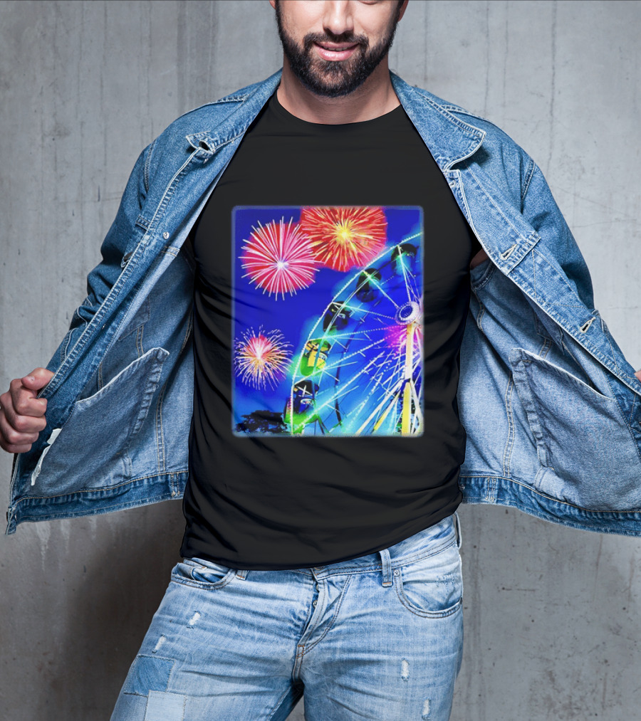 Ferris Wheel Fireworks Night Display Blue Sky T-Shirt