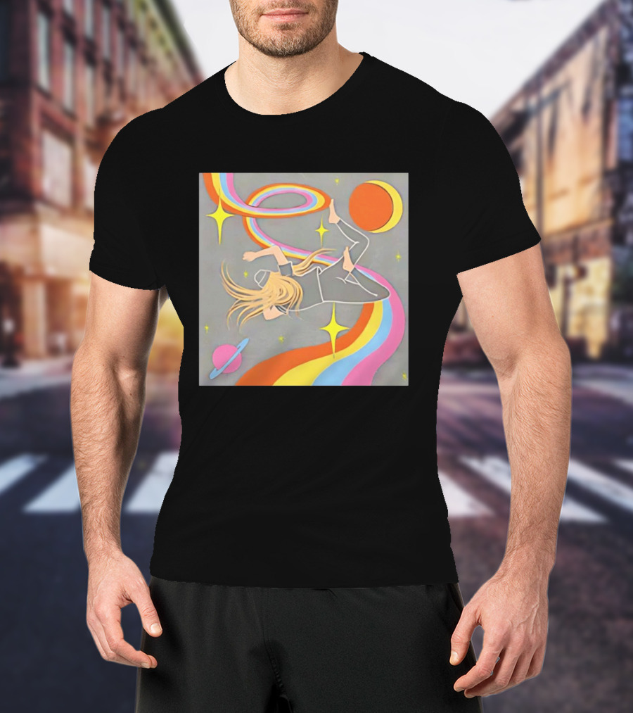 Rainbow Swirl Stars Crescent Moon Planet Orbit Cosmos Night Galaxy T-Shirt
