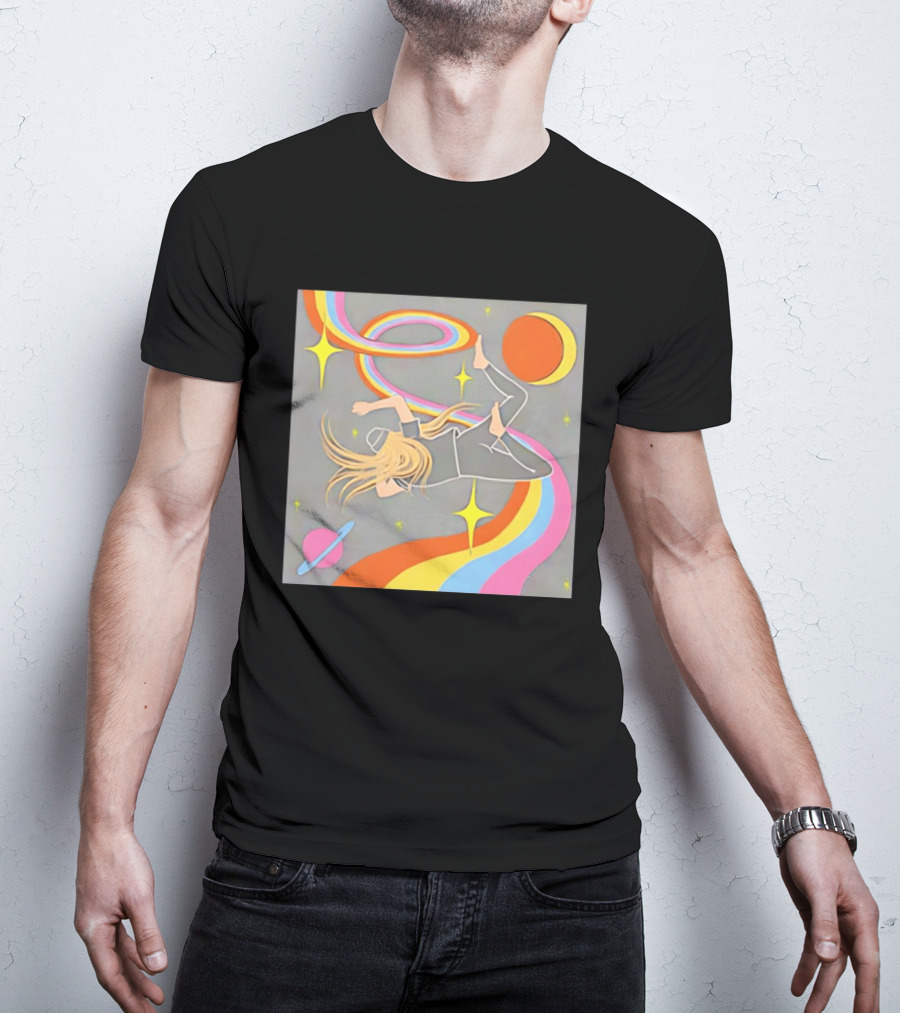 Rainbow Swirl Stars Crescent Moon Planet Orbit Cosmos Night Galaxy T-Shirt