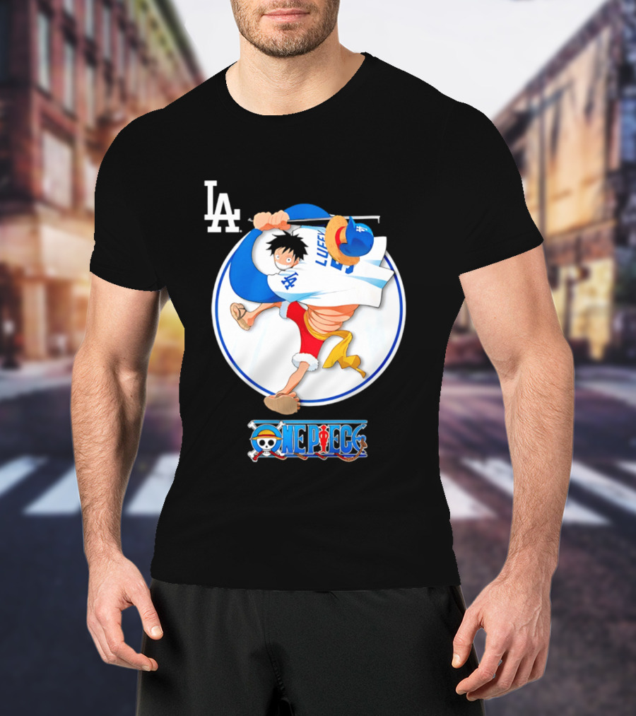 Los Angeles Dodgers Luffy OnePiece Collaboration With LA Logo And One Piece Branding T-Shirt