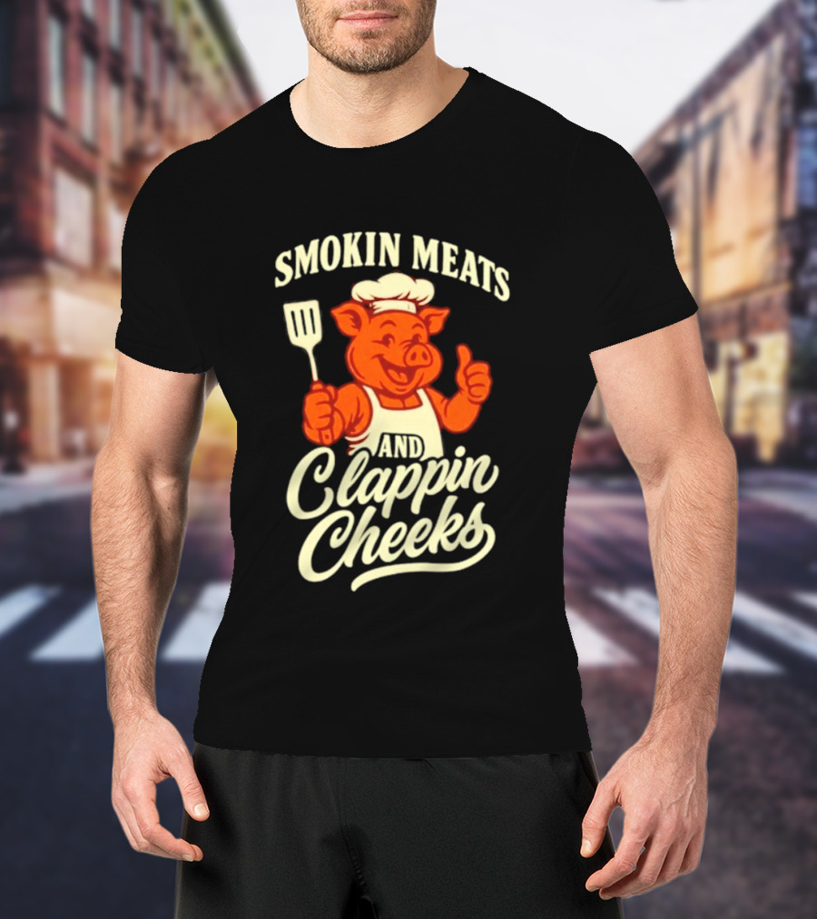 Smokin Meats And Clappin Cheeks Pig Chef Thumbs Up BBQ T-Shirt