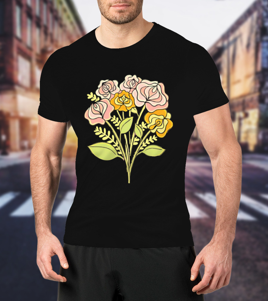 Pink Roses Yellow Roses Leaves Stems Bloom Blossom Petal Flower Plant T-Shirt