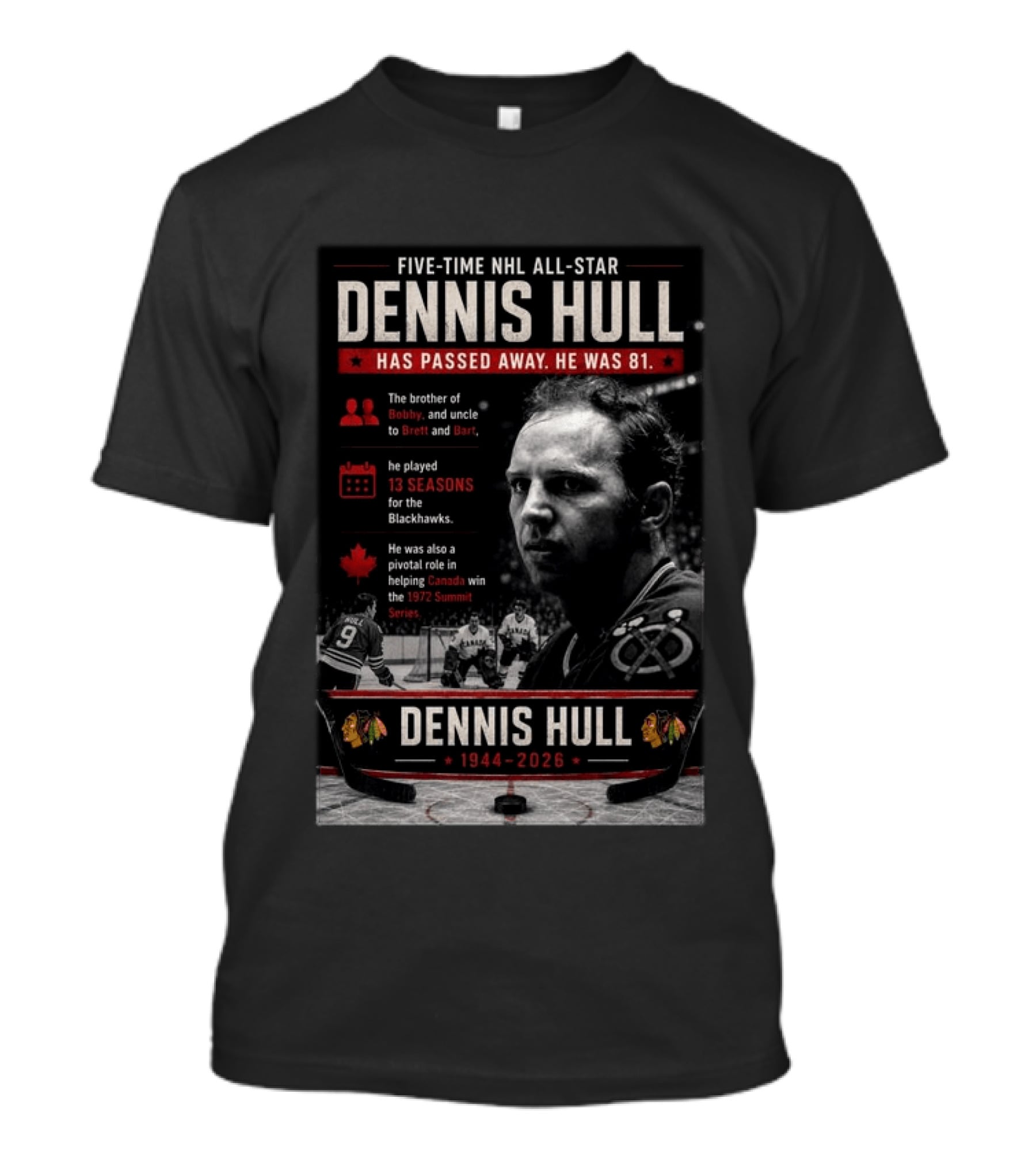Five Time NHL All Star Dennis Hull 1944 2026 Blackhawks Legacy And 1972 Summit Series Hero T-Shirt