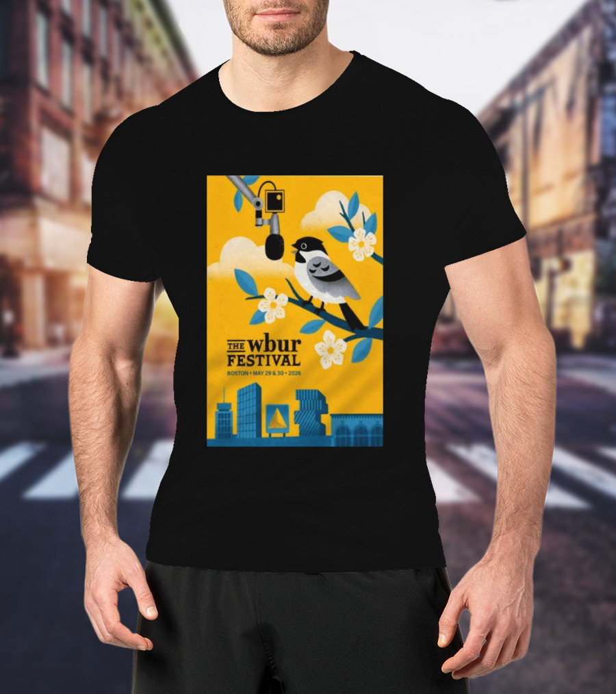The Wbur Festival Boston 2026 Yellow Bird Microphone Urban Skyline T-Shirt