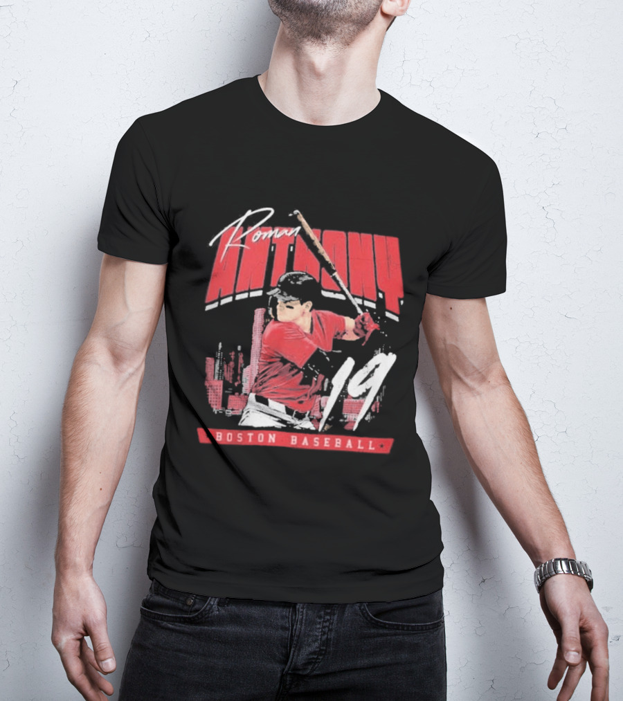 Roman Anthony 19 Boston Baseball Skyline Batting Scene T-Shirt