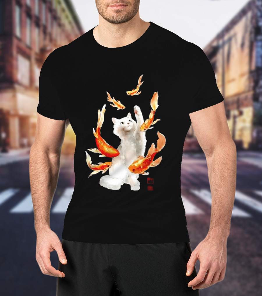 Playful White Cat Surrounded By Goldfish T-Shirt