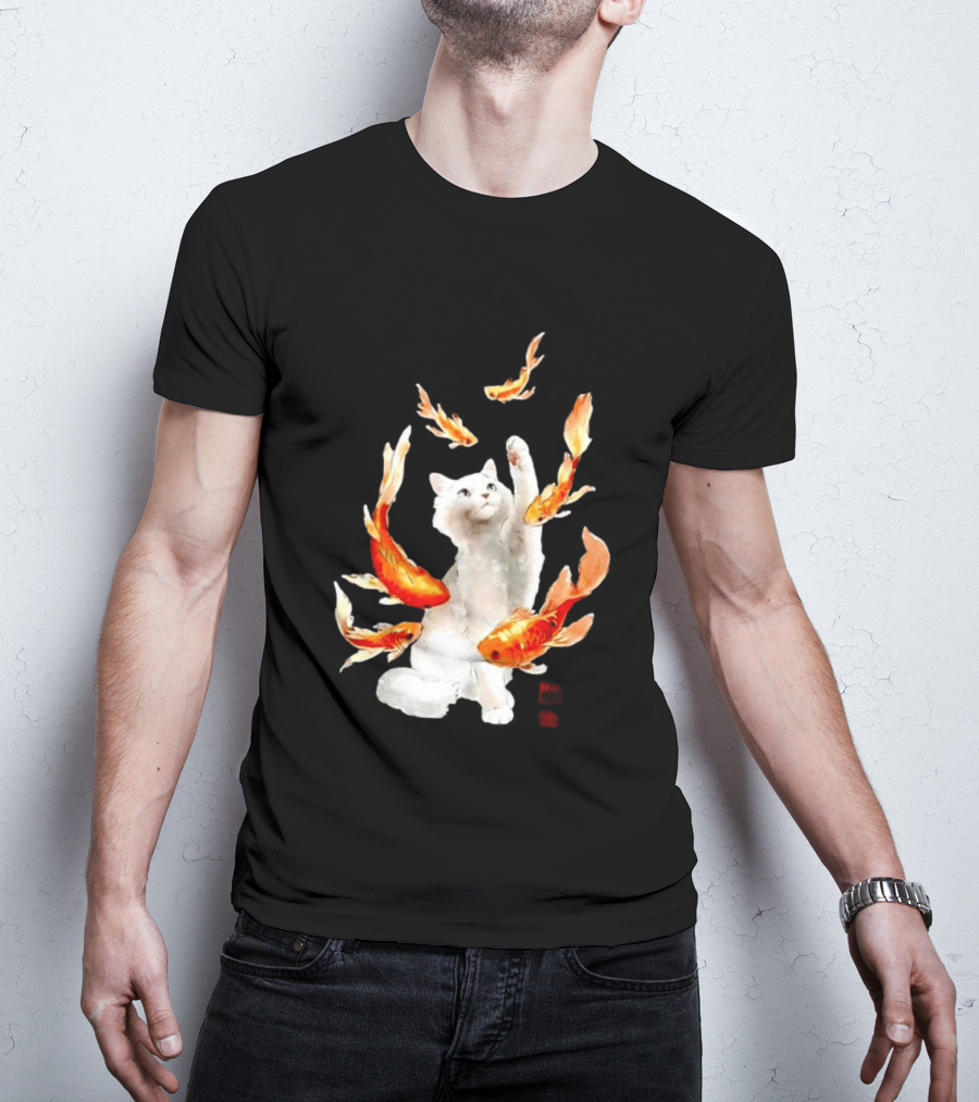 Playful White Cat Surrounded By Goldfish T-Shirt