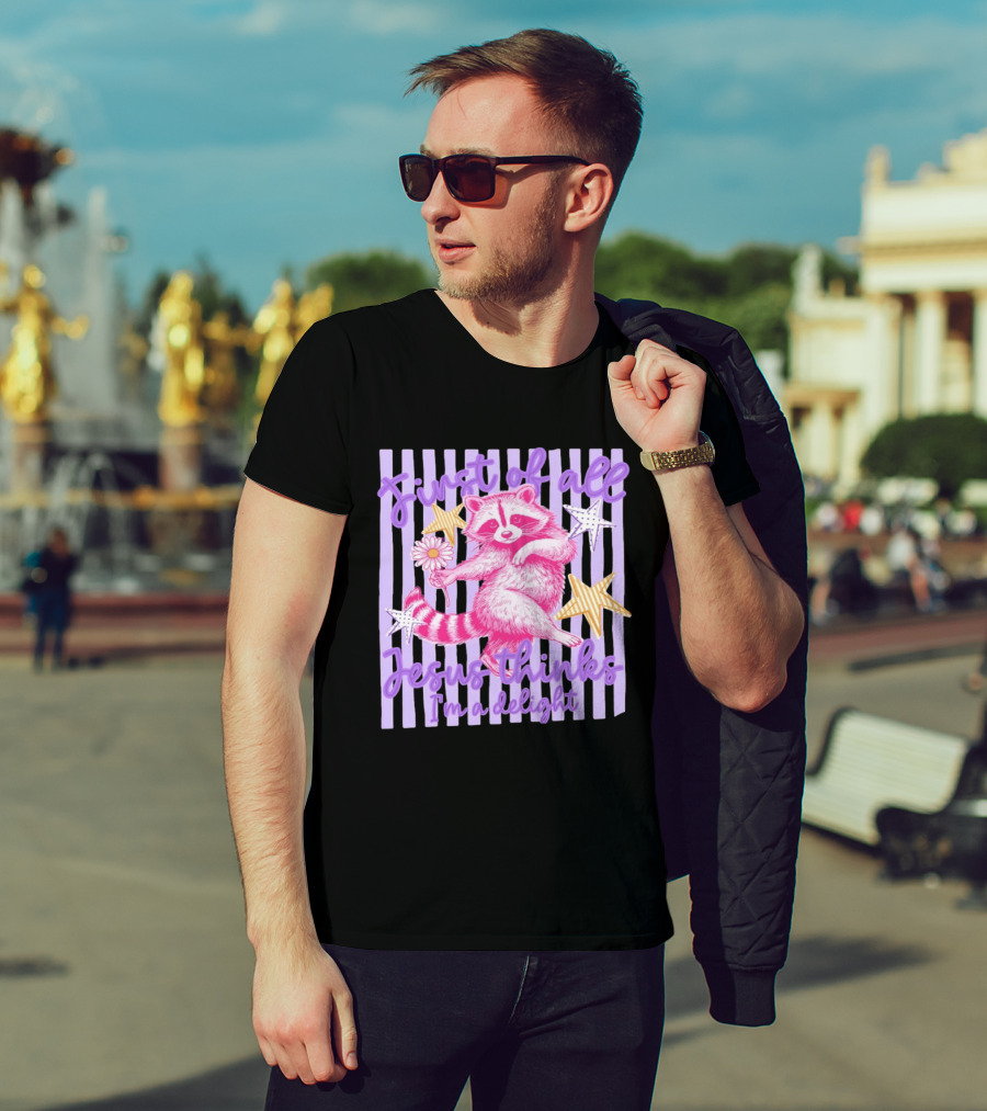First Of All Jesus Thinks I'm A Delight Raccoon With Daisy And Stars T-Shirt