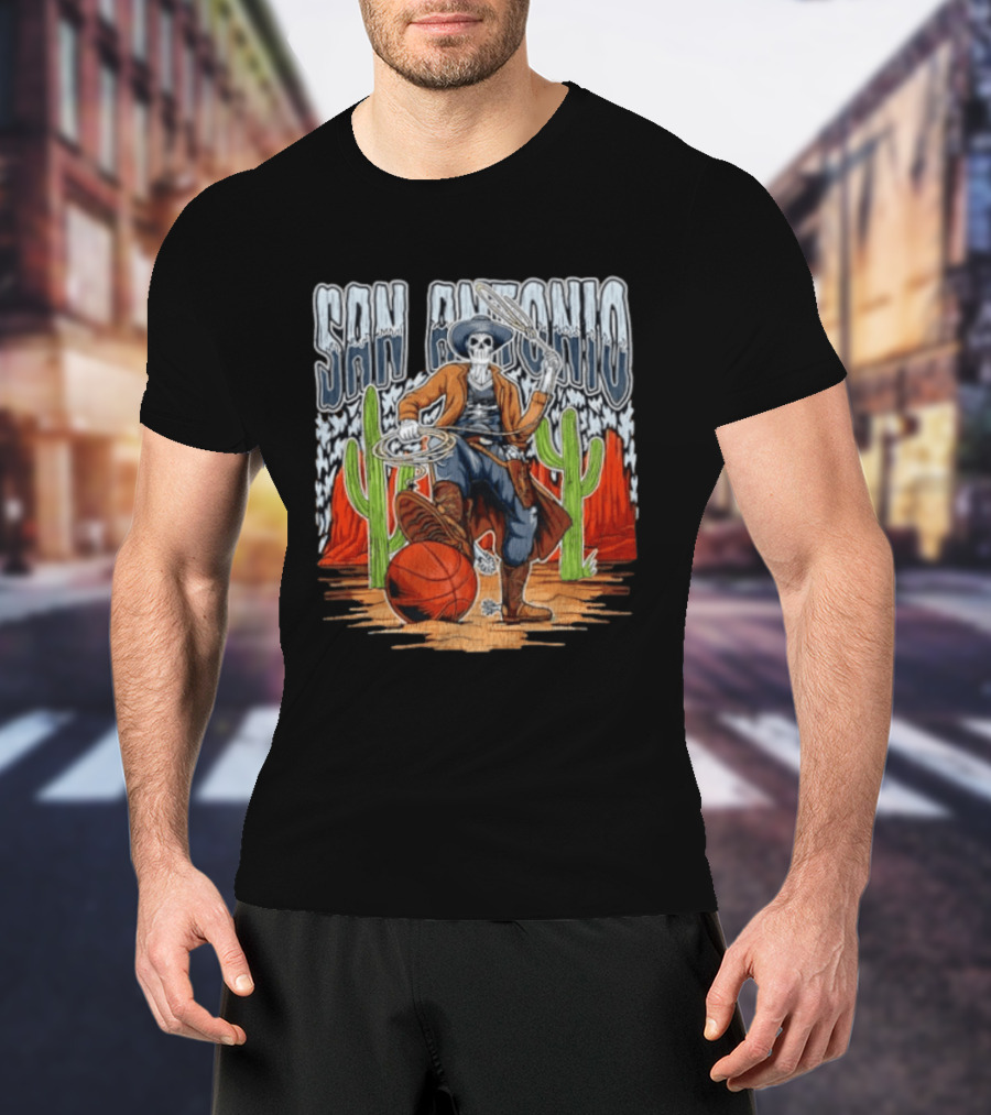 San Antonio Skeleton Cowboy With Basketball And Cactus Scene T-Shirt