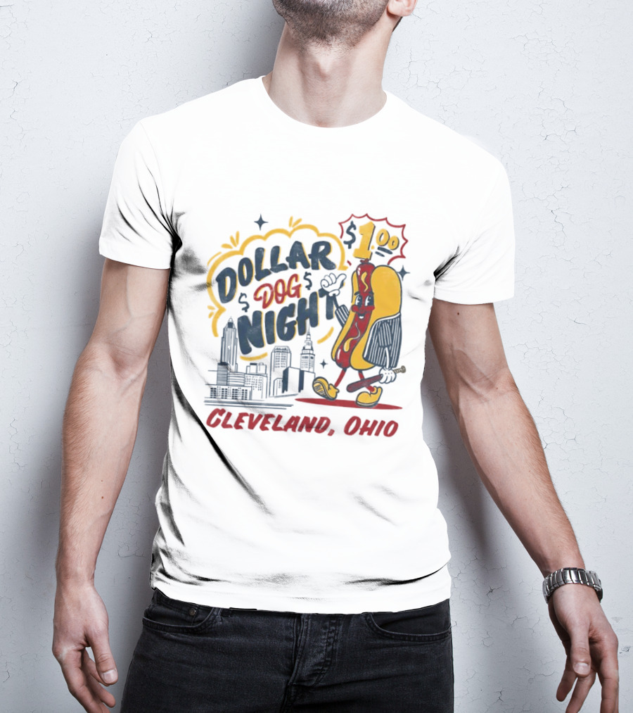 Cleveland Ohio Dollar Dog Night Baseball Skyline Hot Dog 1 Dollar T-Shirt
