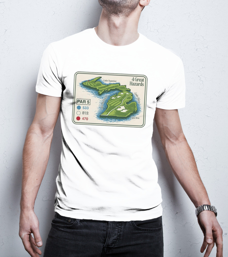 Michigan Golf Par 5 Course Map With 4 Great Hazards Lake Superior Huron Erie T-Shirt