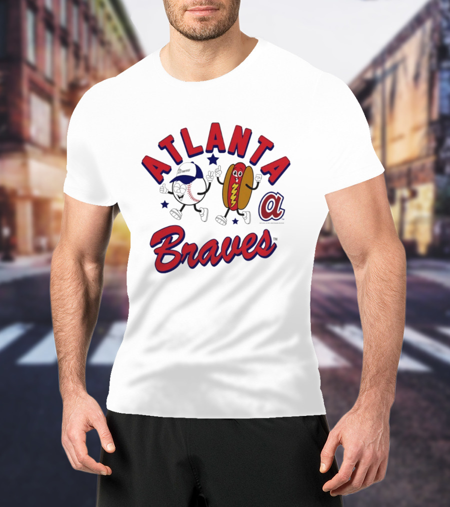 Atlanta Braves Baseball Character With Hot Dog Snack And Team Spirit T-Shirt